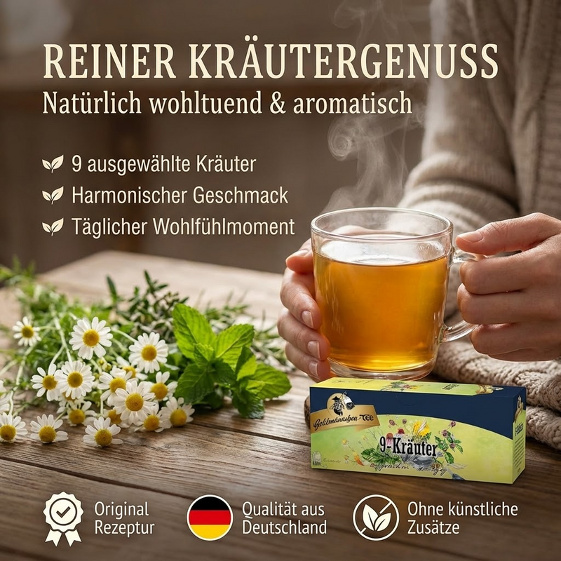 Goldmännchen Tee 9-Kräuter mit Echinacea – Kräutertee, 20 Teebeutel - angenehm würzig