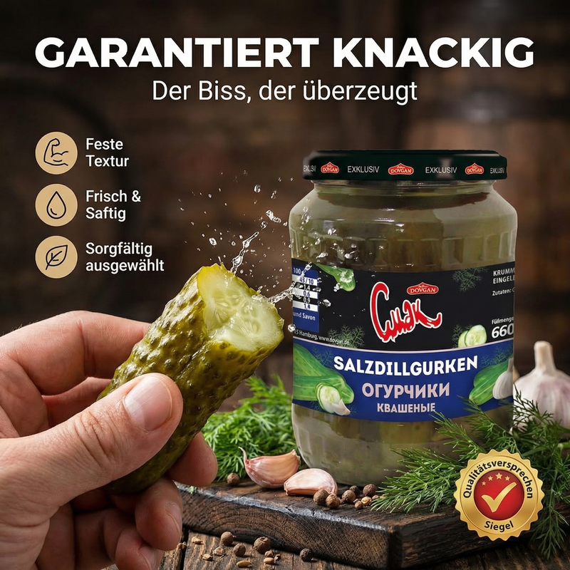 CMAK Salzdillgurken 660 g – Krumme Gurken in Salzlake nach osteuropäischer Art, mit frischem Dillgeschmack; Abtropfgewicht: 370g