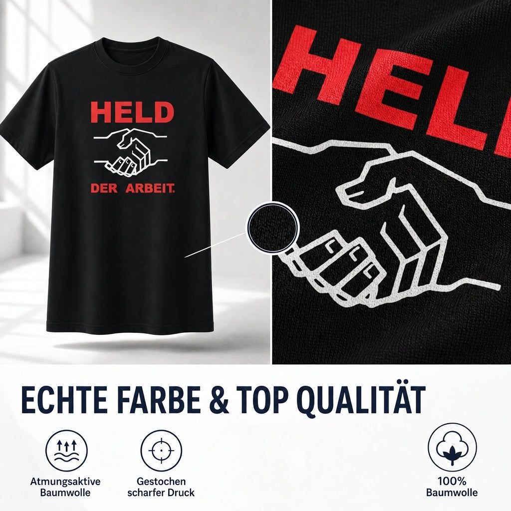 Held der Arbeit – Schwarzes T-Shirt mit farbigem Logo-Aufdruck - klassischer Unisex-Schnitt 100 % Baumwolle