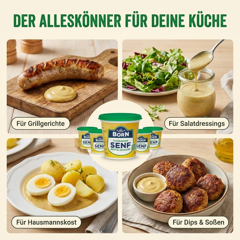 Born Thüringer Senf - Klassiker für Bratwurst & Salate, Dressings oder Braten- & Senfsoßen. Thüringer Anbau mittelscharf 200ml