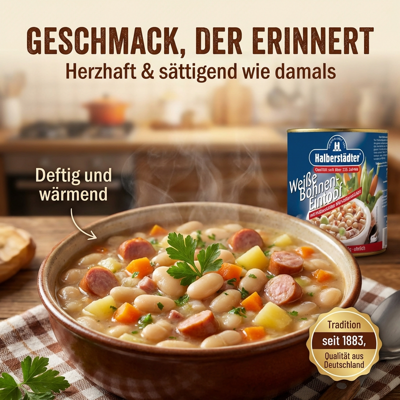Halberstädter Weiße Bohnen Eintopf/Suppe 800 g Dose – mit Fleischbrühe im Kessel gekocht, mit Halberstädter Würstchenstücken, Gemüse & Kartoffeln