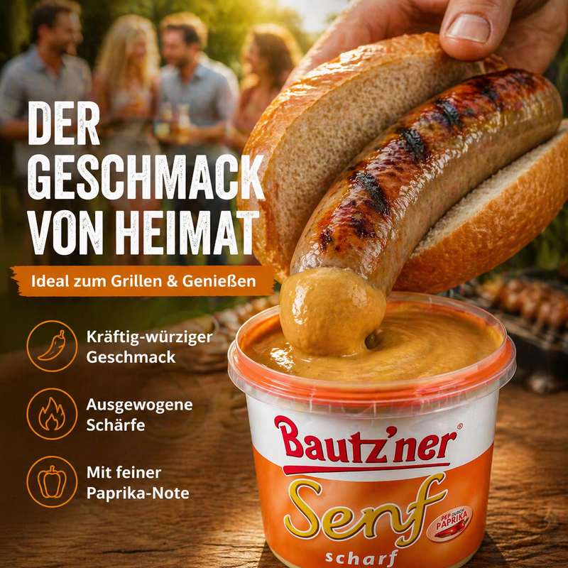 Bautzner Scharfer Senf 200 ml – würziger Senf mit Paprika, vegan & laktosefrei