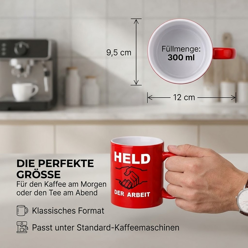 Roter Held-der-Arbeit-Becher – Keramik-Tasse mit Aufdruck Held der Arbeit - 0,30 l - spülmaschinenfest