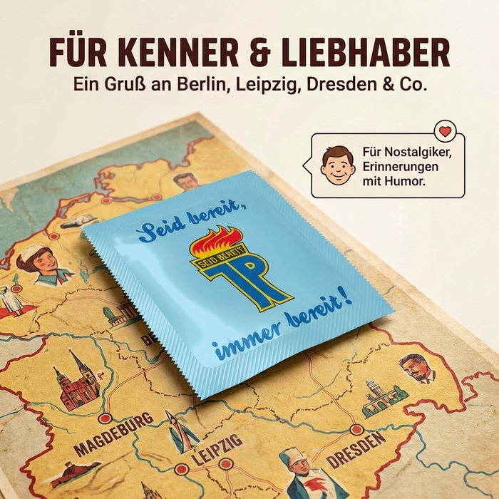 Kondom - mit Jungpionier-Motiv "JP - Seid bereit, immer bereit!" ein lustiges Geschenk und Mitbringsel