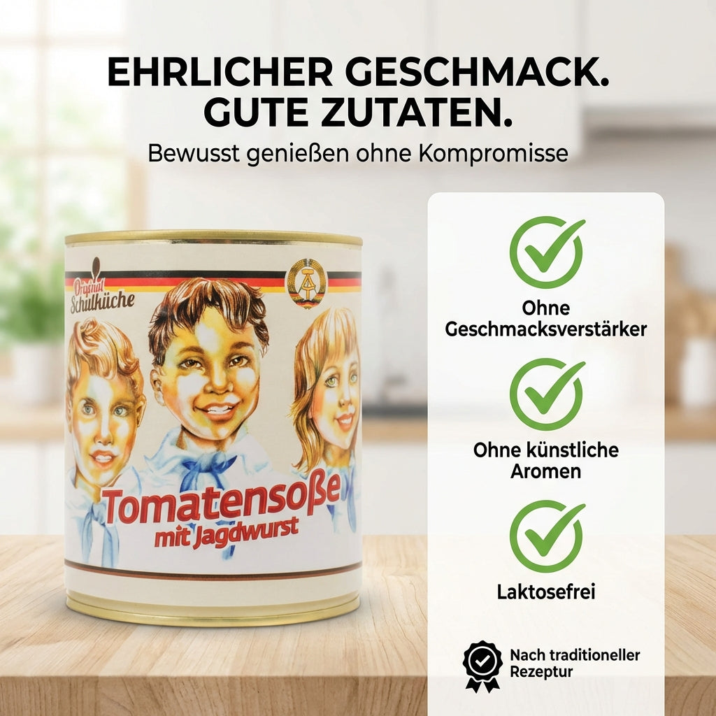 Original DDR Schulküchen-Tomatensoße mit Jagdwurst & Zwiebeln - laktosefrei - keine Geschmacksverstärker - 800 ml