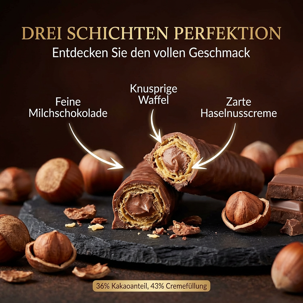 Rotstern Waffelröllchen - Märchenhafter Haselnusstraum - Waffelröllchen mit Haselnusscreme und Milchschokolade 125g