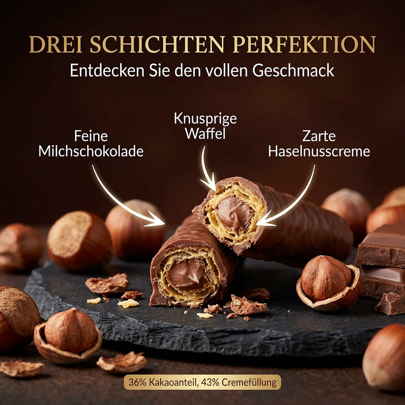 Rotstern Waffelröllchen - Märchenhafter Haselnusstraum - Waffelröllchen mit Haselnusscreme und Milchschokolade 125g