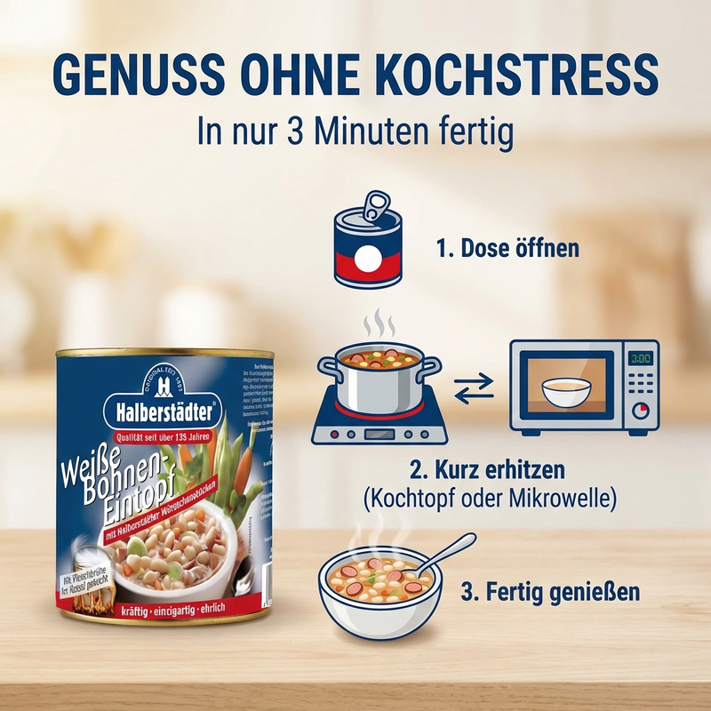 Halberstädter Weiße Bohnen Eintopf/Suppe 800 g Dose – mit Fleischbrühe im Kessel gekocht, mit Halberstädter Würstchenstücken, Gemüse & Kartoffeln