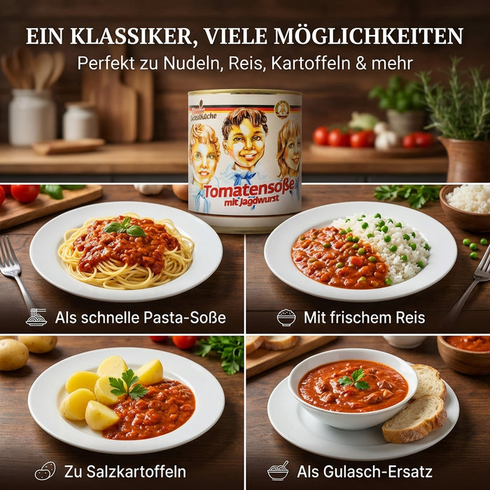Original DDR Schulküchen-Tomatensoße mit Jagdwurst & Zwiebeln - laktosefrei - keine Geschmacksverstärker - 800 ml