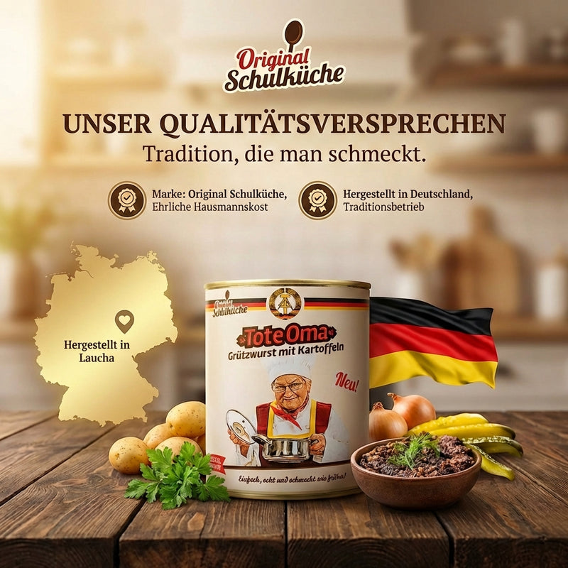 Tote Oma 800g - Grützwurst mit Kartoffeln im Kessel zubereitet - Original DDR Schulküche