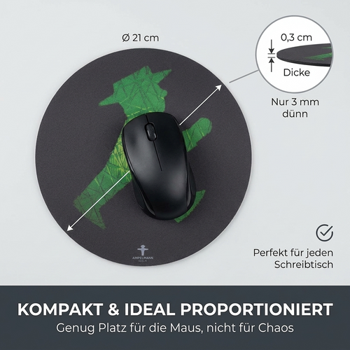 Mousepad Ampelmann Geher – Ø 21 cm, Schwarz mit grünem Druck, rutschfest & abwaschbar