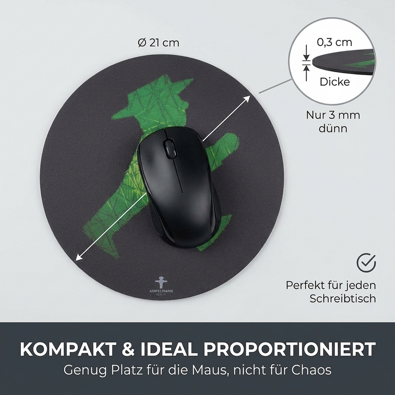 Mousepad Ampelmann Geher – Ø 21 cm, Schwarz mit grünem Druck, rutschfest & abwaschbar