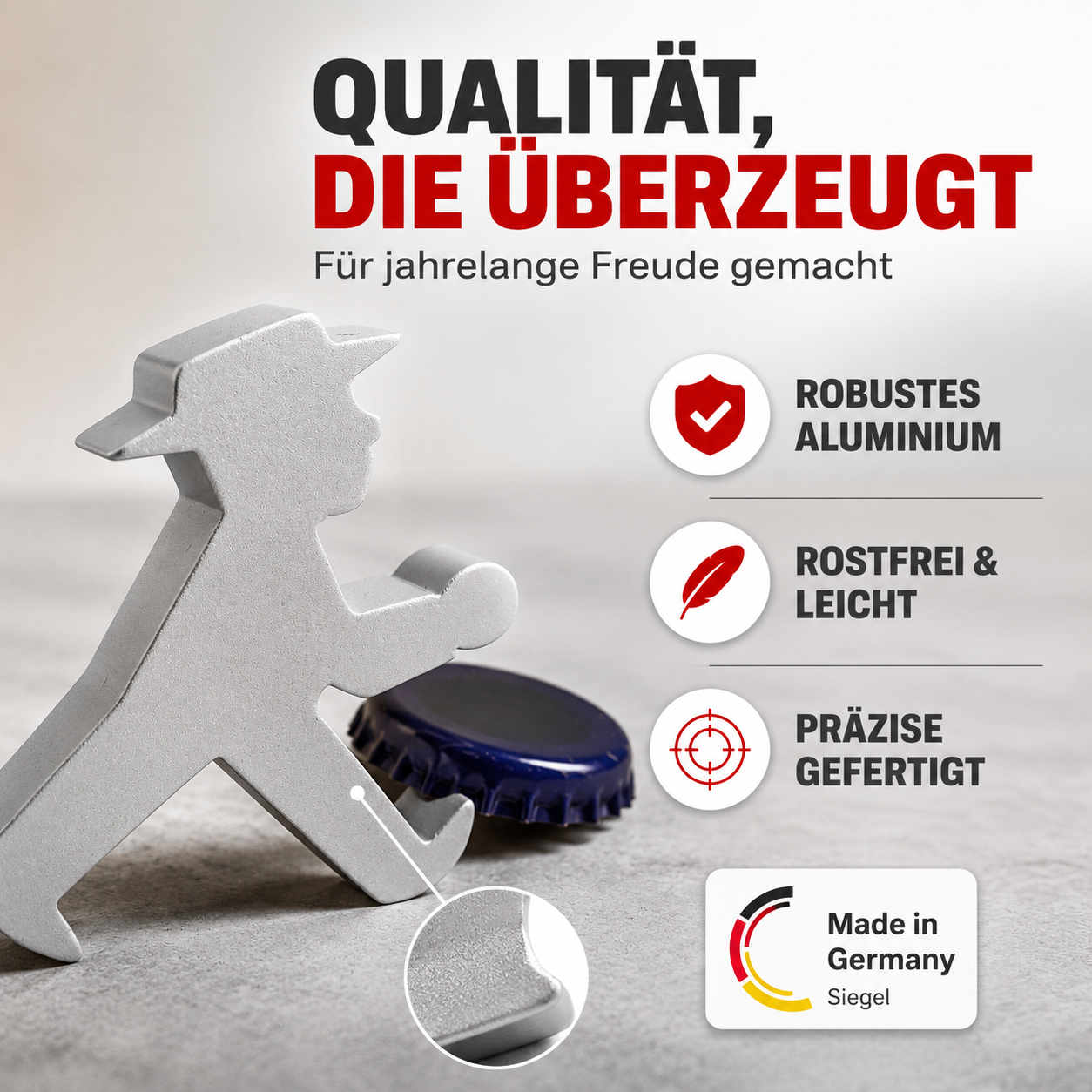 Stylischer Ampelmann-Flaschenöffner aus Alu - leicht & robust - 5,5 x 6 x 1,5 cm groß