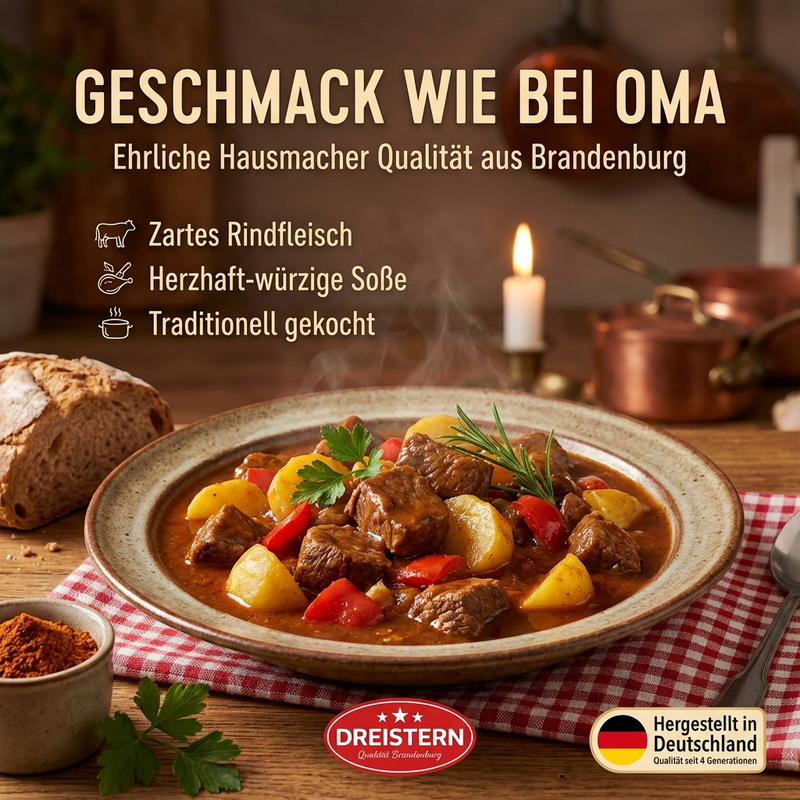 Dreistern Gulaschtopf 400g – Herzhaftes Fertiggericht mit Rindfleisch & Kartoffeln in würziger Sauce – Hausmacher Qualität, lange haltbar & schnell zubereitet