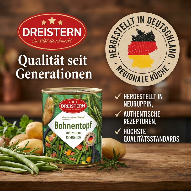 Dreistern Bohnentopf mit zartem Rindfleisch - Hausgemachter Eintopf grüne Bohnen - kurz erhitzen - fertig 800g