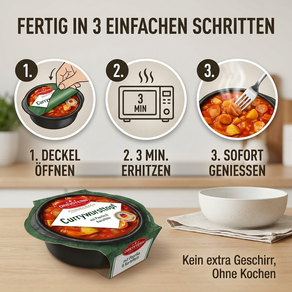 Dreistern Currywursttopf mit Paprika und Kartoffeln -  würzig deftig lecker - einfach erwärmen & essen - 400g