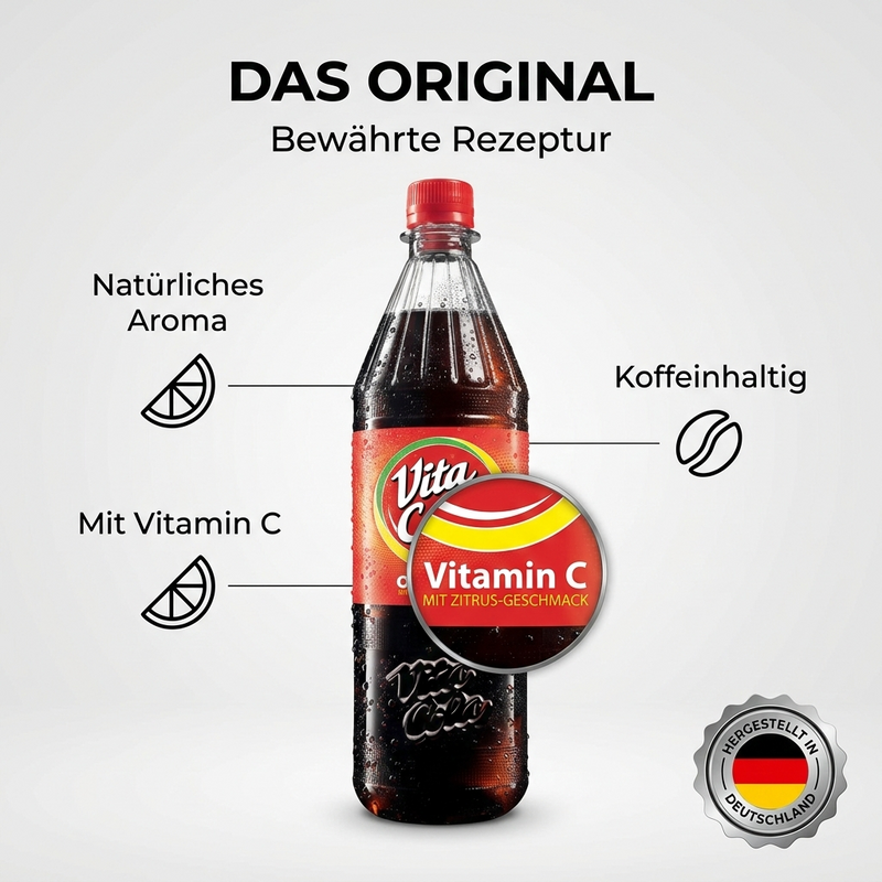 1,0 L VITA COLA Original Zitrone – koffeinhaltige Kult-Cola mit Citrus-Kick in Mehrwegflasche