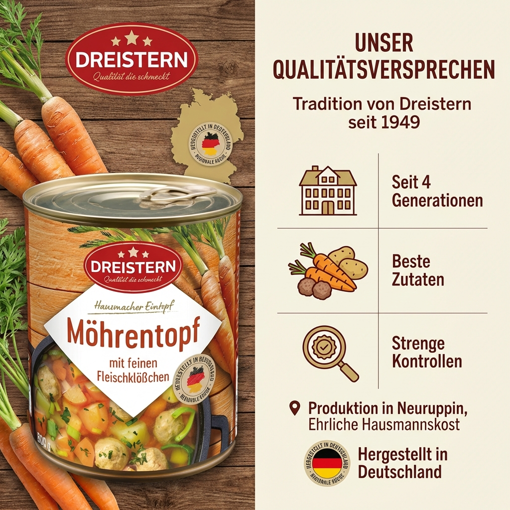 Dreistern Herzhafter Möhreneintopf 800g – Hausmacher Eintopf mit Fleischklößchen, Möhren & Kartoffeln – Regionales Fertiggericht, lange haltbar & schnell zubereitet