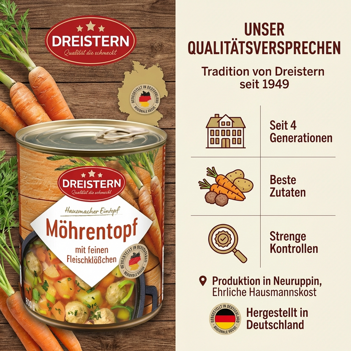 Dreistern Herzhafter Möhreneintopf 800g – Hausmacher Eintopf mit Fleischklößchen, Möhren & Kartoffeln – Regionales Fertiggericht, lange haltbar & schnell zubereitet