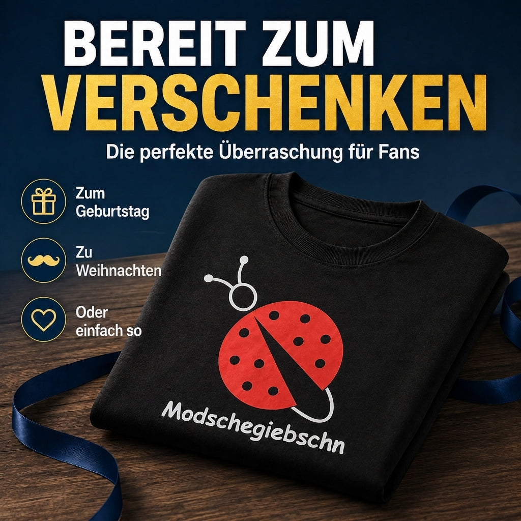 T-Shirt "Modschegiebschn" schwarz mit rot-weißem Aufdruck – 100% Baumwolle – Unisex gerader Schnitt