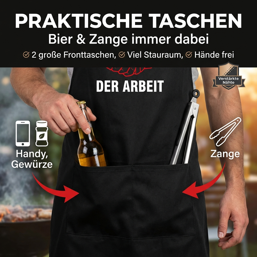 Koch- & Grillschürze „Held der Arbeit“, schwarz, 70×100 cm, Twill-Gewebe, mit zwei Taschen