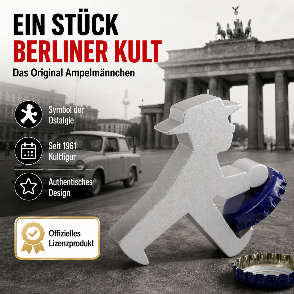 Stylischer Ampelmann-Flaschenöffner aus Alu - leicht & robust - 5,5 x 6 x 1,5 cm groß