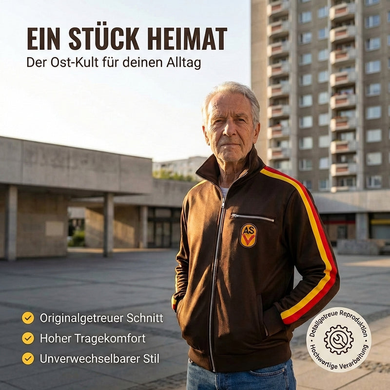 NVA Sportjacke ASV Vorwärts Repro – DDR Kult Trainingsjacke, braun, mit Reißverschluss & ASV-Aufnäher