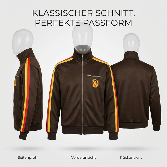 NVA Sportjacke ASV Vorwärts Repro – DDR Kult Trainingsjacke, braun, mit Reißverschluss & ASV-Aufnäher