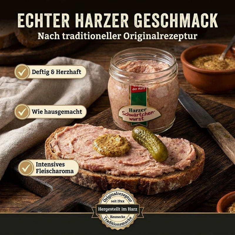 Keunecke Feinkost Harzer Schwärtchenwurst im Glas 200 g – herzhaft gewürzt mit Zwiebeln, Senfkörnern & Kümmel
