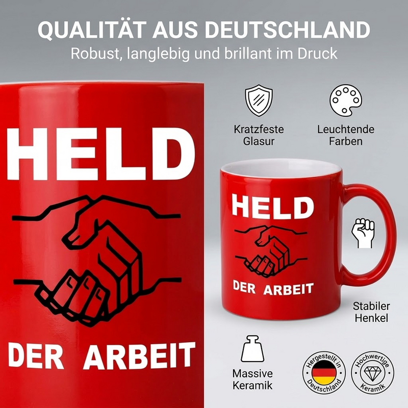 Roter Held-der-Arbeit-Becher – Keramik-Tasse mit Aufdruck Held der Arbeit - 0,30 l - spülmaschinenfest