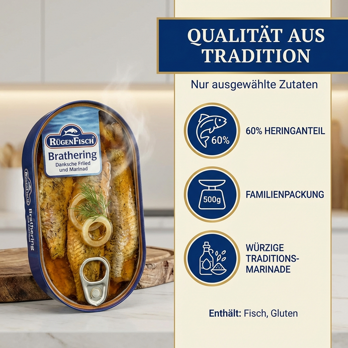 RügenFisch Bratheringe in würziger Marinade 500 g - handverlesen & ohne Farbstoffe & ohne Geschmacksverstärker - Proteinquelle
