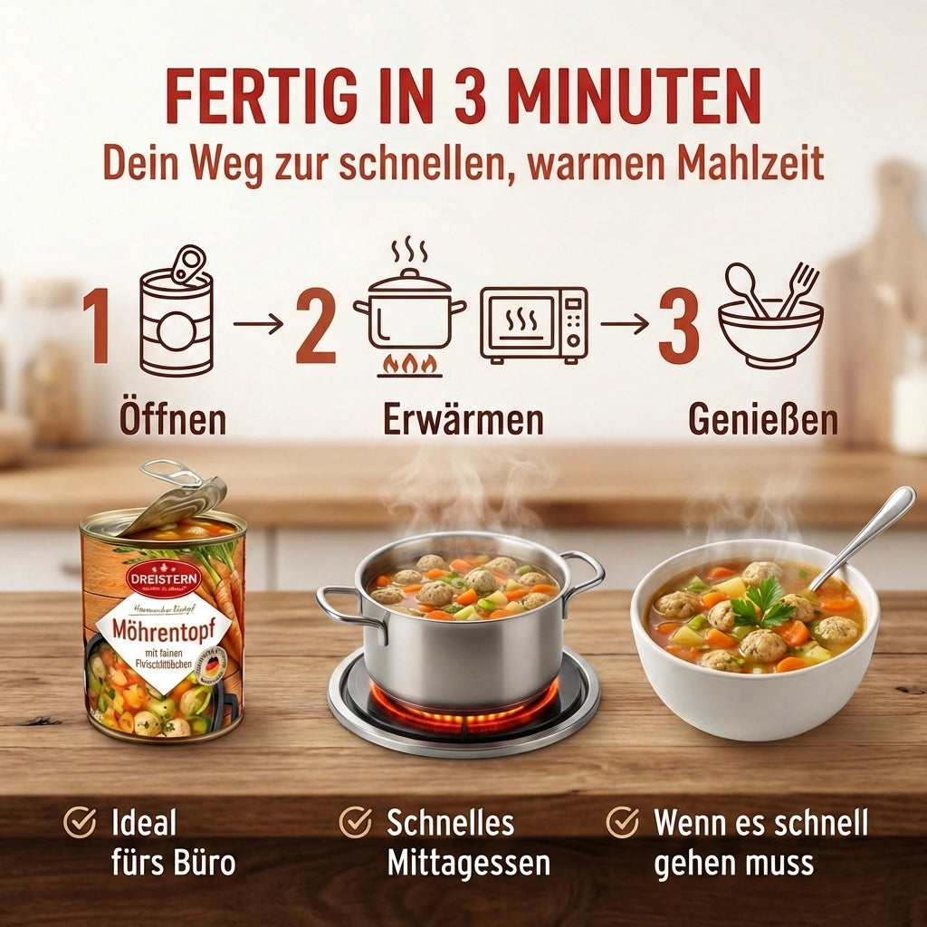 Dreistern Herzhafter Möhreneintopf 800g – Hausmacher Eintopf mit Fleischklößchen, Möhren & Kartoffeln – Regionales Fertiggericht, lange haltbar & schnell zubereitet