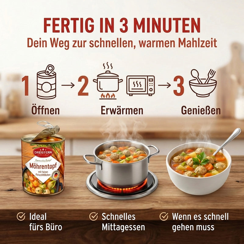 Dreistern Herzhafter Möhreneintopf 800g – Hausmacher Eintopf mit Fleischklößchen, Möhren & Kartoffeln – Regionales Fertiggericht, lange haltbar & schnell zubereitet