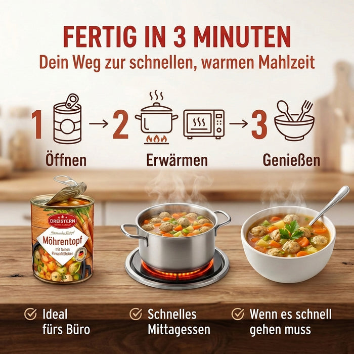 Dreistern Herzhafter Möhreneintopf 800g – Hausmacher Eintopf mit Fleischklößchen, Möhren & Kartoffeln – Regionales Fertiggericht, lange haltbar & schnell zubereitet