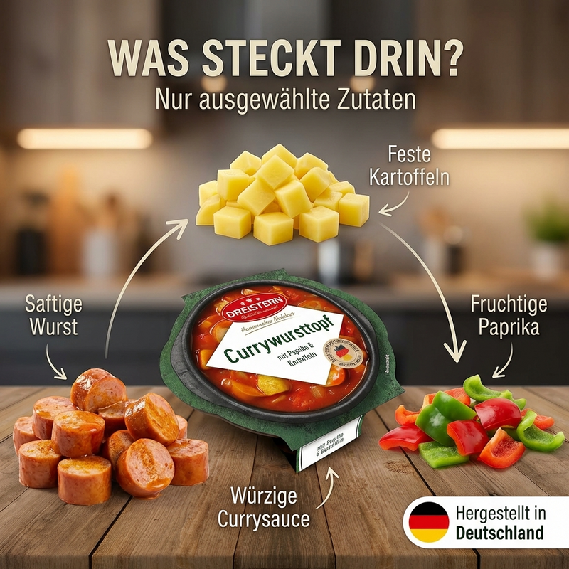 Dreistern Currywursttopf mit Paprika und Kartoffeln -  würzig deftig lecker - einfach erwärmen & essen - 400g