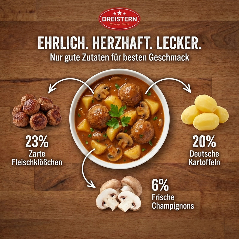 Dreistern Jägertopf 800g – Deftiger Eintopf mit Fleischklößchen, Kartoffeln & Champignons in würziger Jägersoße – Hausmacher Qualität, schnell zubereitet & lange haltbar