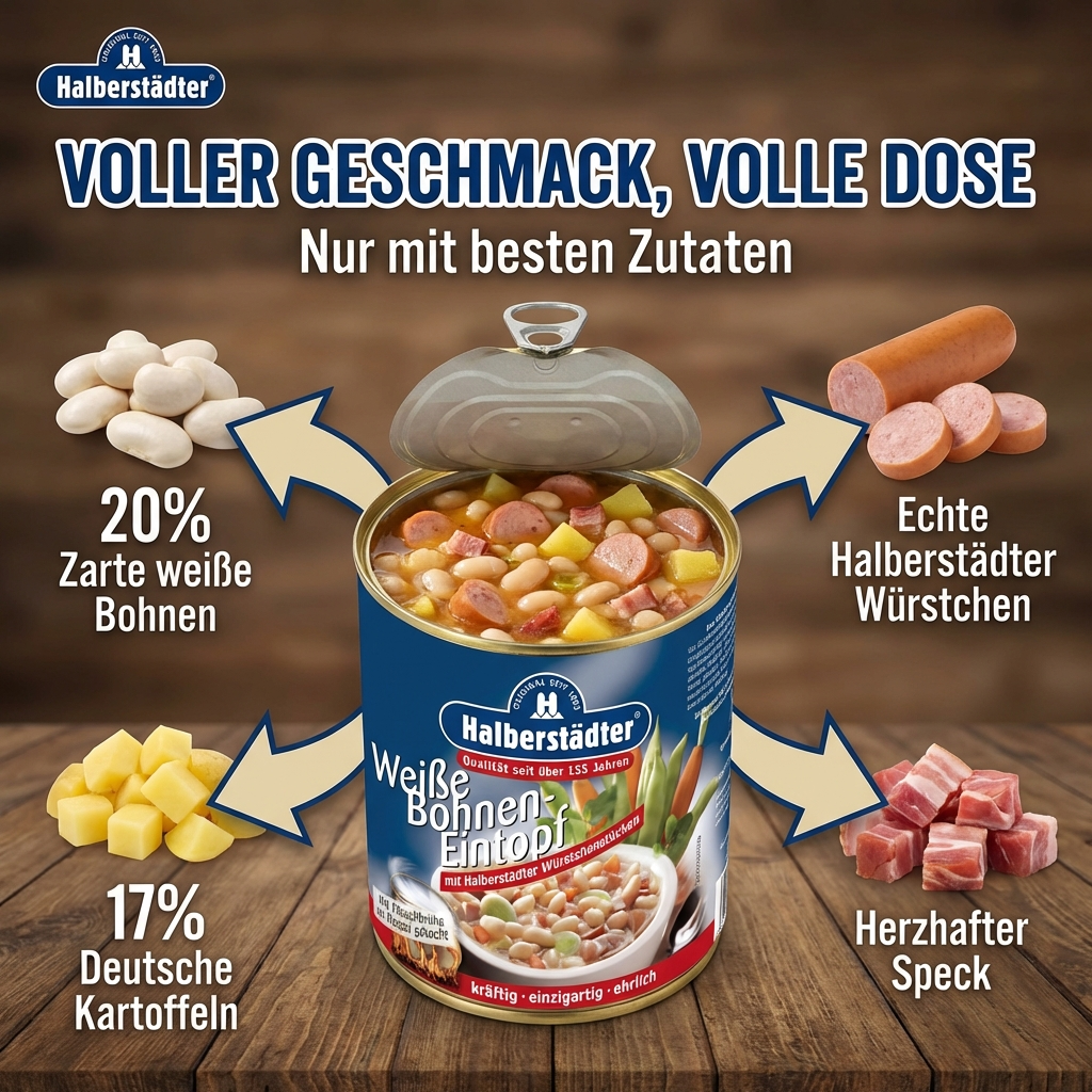 Halberstädter Weiße Bohnen Eintopf/Suppe 800 g Dose – mit Fleischbrühe im Kessel gekocht, mit Halberstädter Würstchenstücken, Gemüse & Kartoffeln