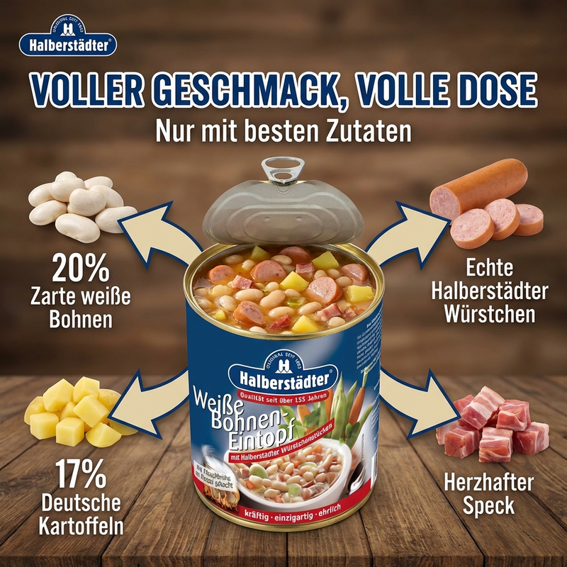 Halberstädter Weiße Bohnen Eintopf/Suppe 800 g Dose – mit Fleischbrühe im Kessel gekocht, mit Halberstädter Würstchenstücken, Gemüse & Kartoffeln