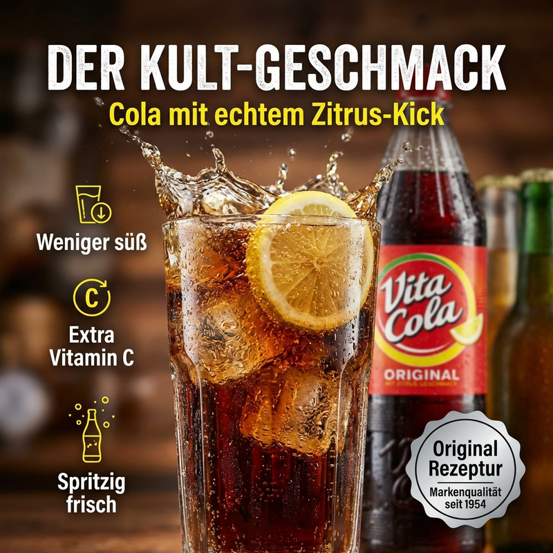 1,0 L VITA COLA Original Zitrone – koffeinhaltige Kult-Cola mit Citrus-Kick in Mehrwegflasche