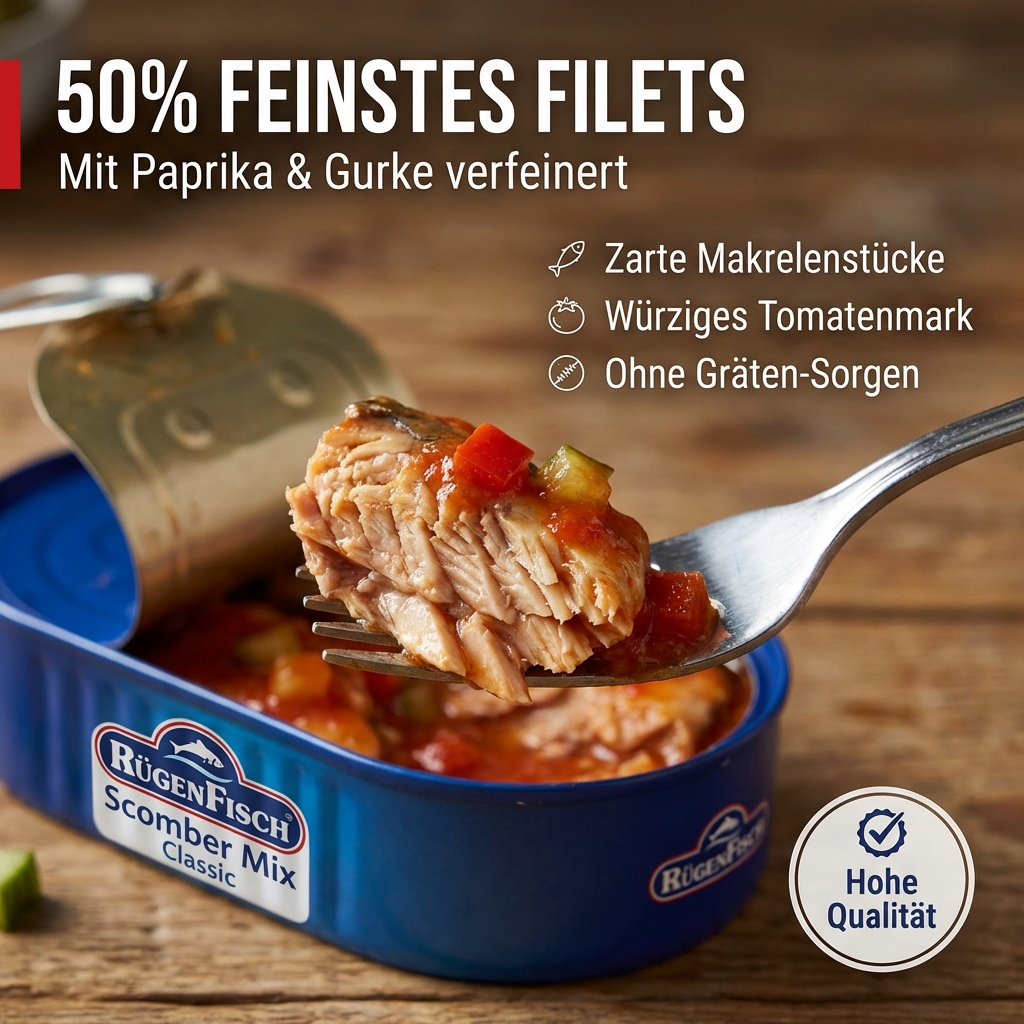 RügenFisch Scomber Mix Classic 120 g – Zerkleinerte Makrelenfilets mit Gemüse und fruchtigem Tomatenmark, proteinreich