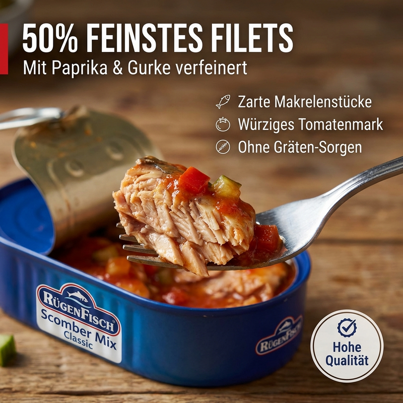 RügenFisch Scomber Mix Classic 120 g – Zerkleinerte Makrelenfilets mit Gemüse und fruchtigem Tomatenmark, proteinreich
