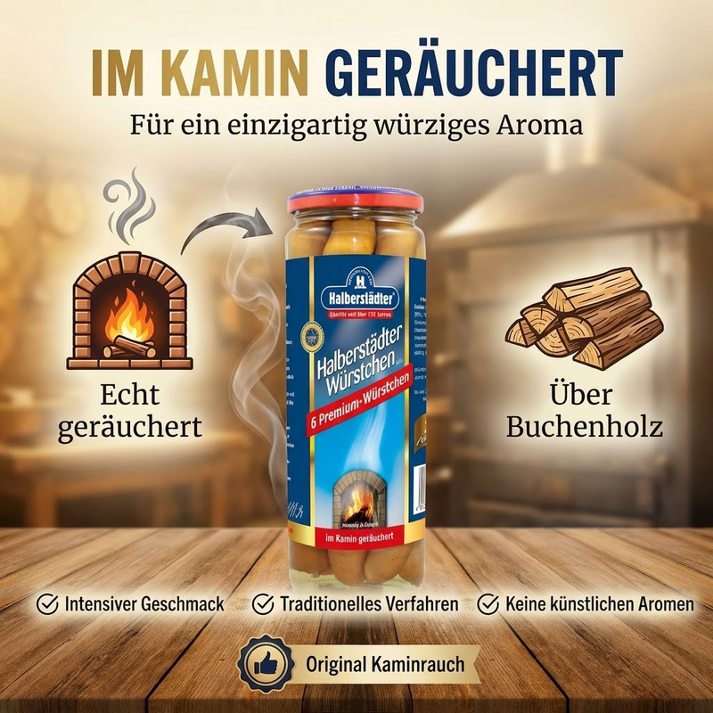 Halberstädter Premium-Würstchen im Glas 300g (6 x 50g) – im Kamin geräuchert einmalig in Europa