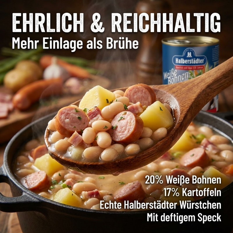 Halberstädter Weiße Bohnen Eintopf/Suppe 800 g Dose – mit Fleischbrühe im Kessel gekocht, mit Halberstädter Würstchenstücken, Gemüse & Kartoffeln