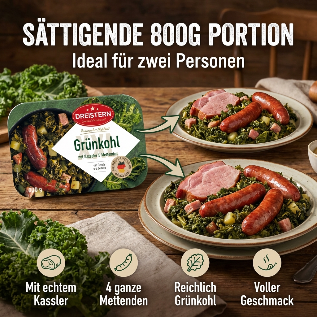 Dreistern Grünkohl mit herzhaften Kassler & 4 Mettenden - schnell zubereitet & kräftig im Geschmack 800g