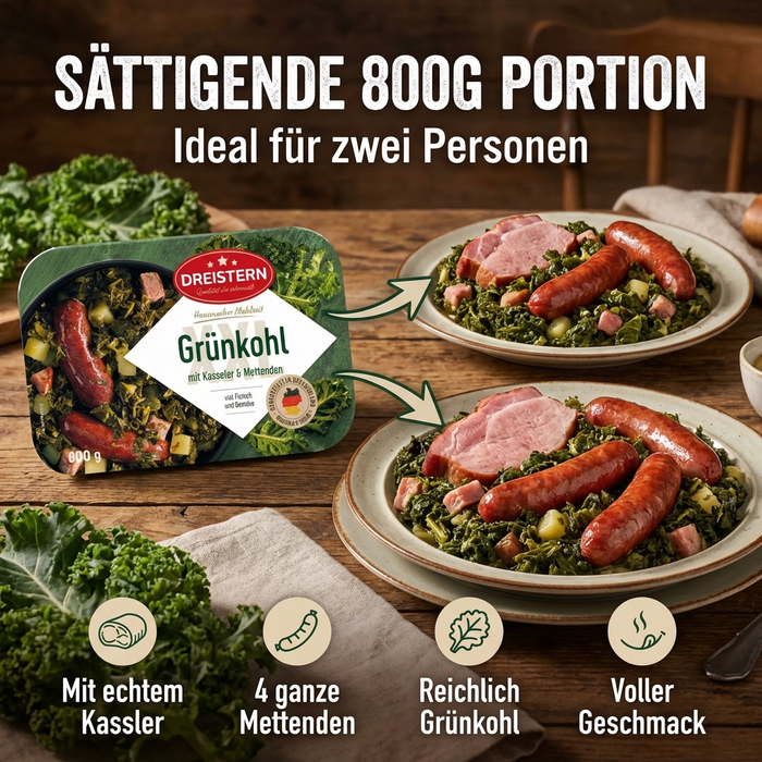 Dreistern Grünkohl mit herzhaften Kassler & 4 Mettenden - schnell zubereitet & kräftig im Geschmack 800g