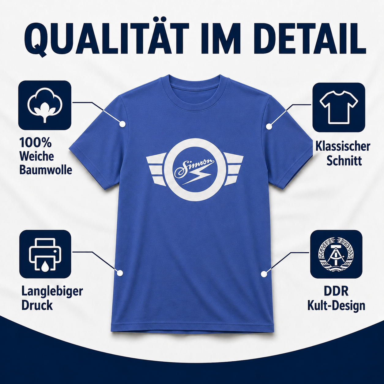 T-Shirt "Simson" blau mit weißem Simson-Logo & -Schriftzug - Unisex klassischer Schnitt - 100% Baumwolle