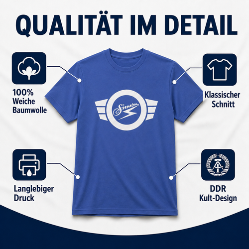 T-Shirt "Simson" blau mit weißem Simson-Logo & -Schriftzug - Unisex klassischer Schnitt - 100% Baumwolle
