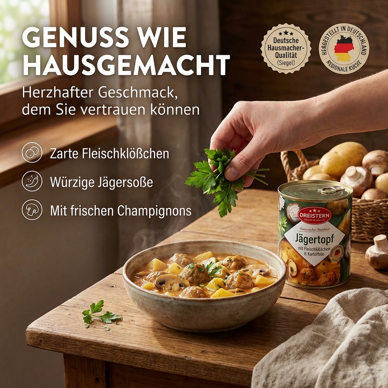 Dreistern Jägertopf 800g – Deftiger Eintopf mit Fleischklößchen, Kartoffeln & Champignons in würziger Jägersoße – Hausmacher Qualität, schnell zubereitet & lange haltbar