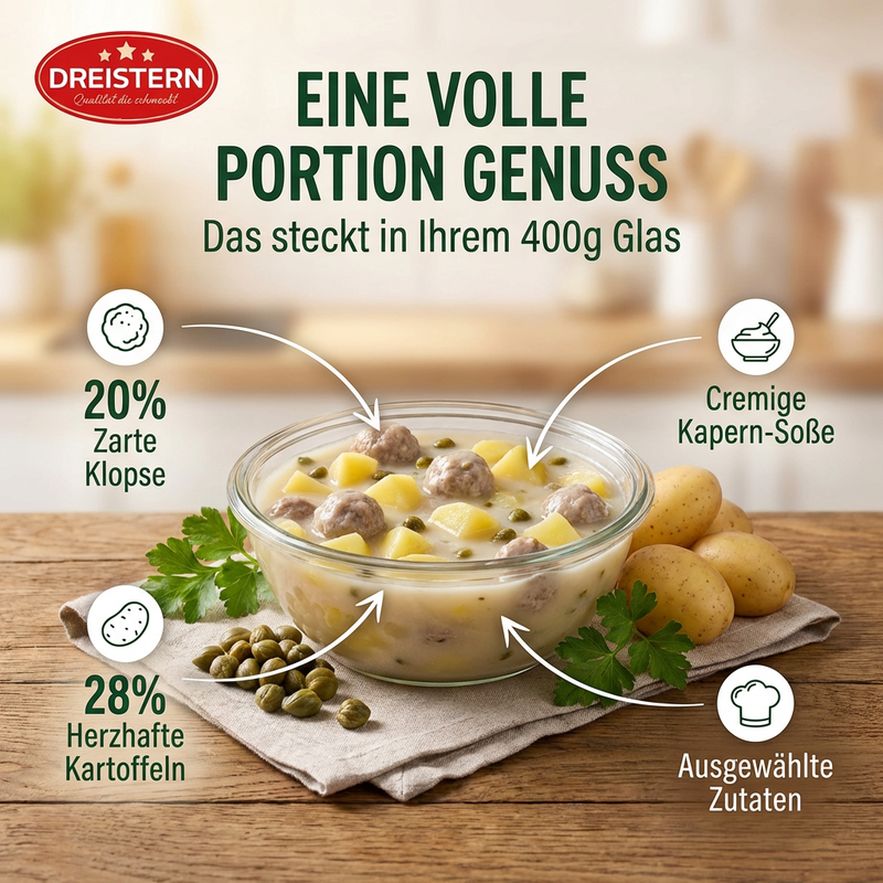 Dreistern Königsberger Klopse aus fein zerkleinertem Schweinefleisch mit Kartoffeln in Kapernsauce - einfach aufwärmen & fertig 400g