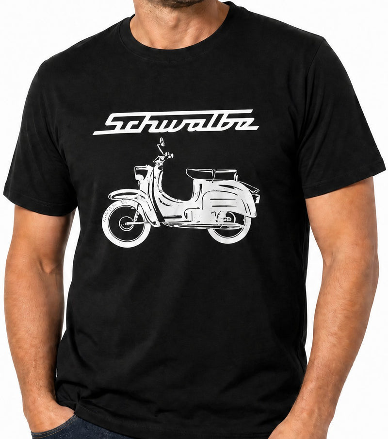 T-Shirt schwarz mit weißem Schwalbe-Logo & -Schriftzug - Unisex klassischer Schnitt - 100% Baumwolle